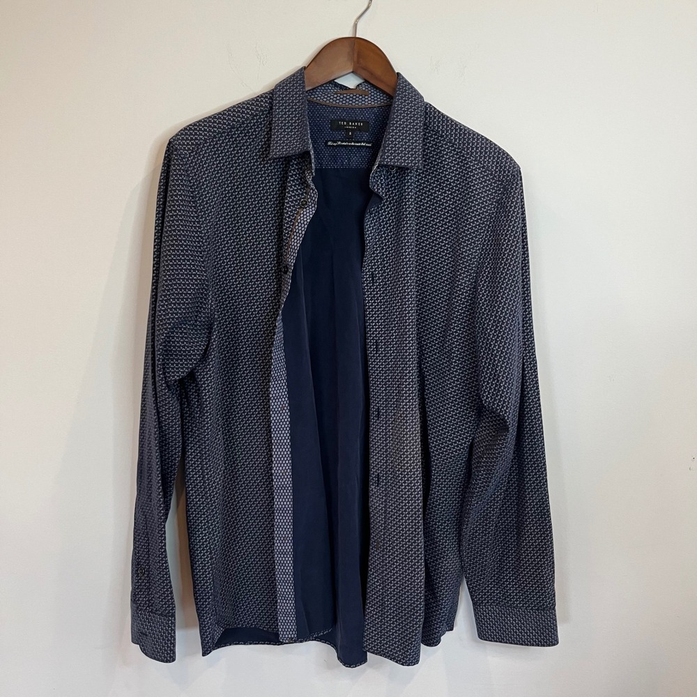 Ted Baker London Mens Navy Geometric Long Sleeve Button Down Shirt Size 5 - B010